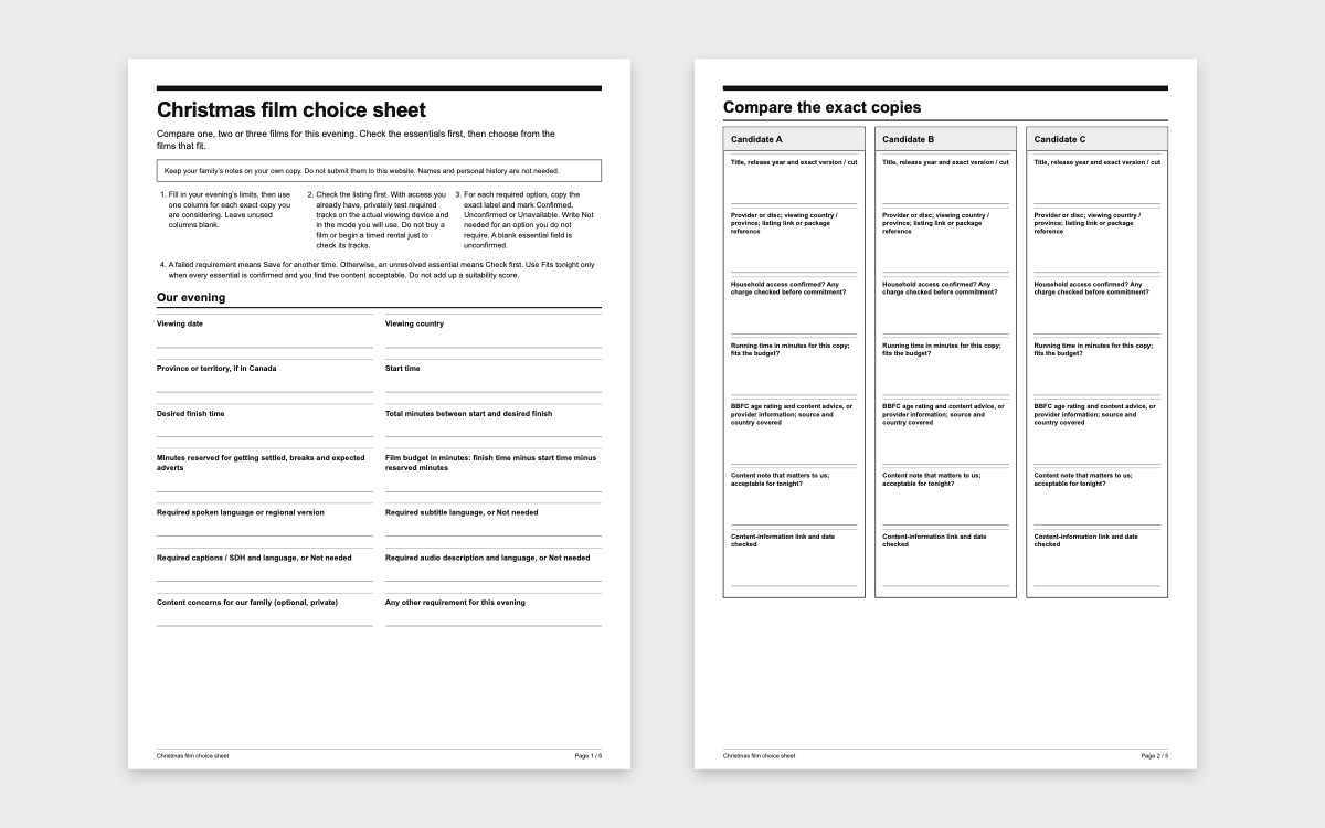 Christmas film choice sheet with space for the evening’s limits and checks for up to three films.